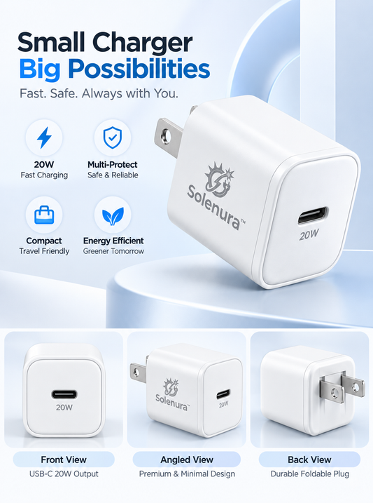 Solenura™ 20W USB-C Compact Wall Charger – Fast Charging Power Adapter with Foldable Plug for Phones, Tablets, Earbuds & Everyday USB-C Devices