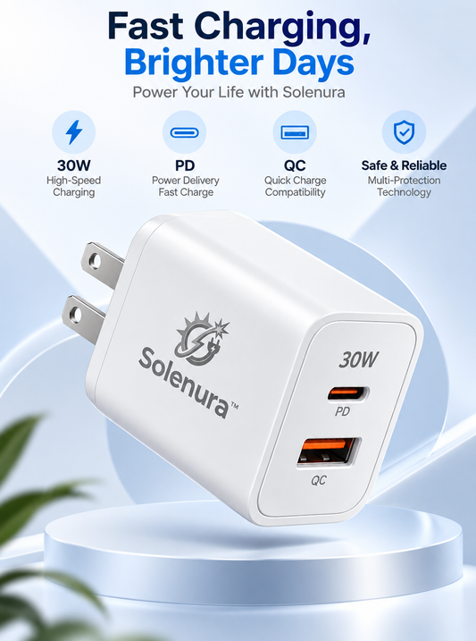 Solenura™ 30W Dual-Port USB-C & USB-A Wall Charger – PD Fast Charging Power Adapter with QC Compatibility for Phones, Tablets, Earbuds & Everyday Devices