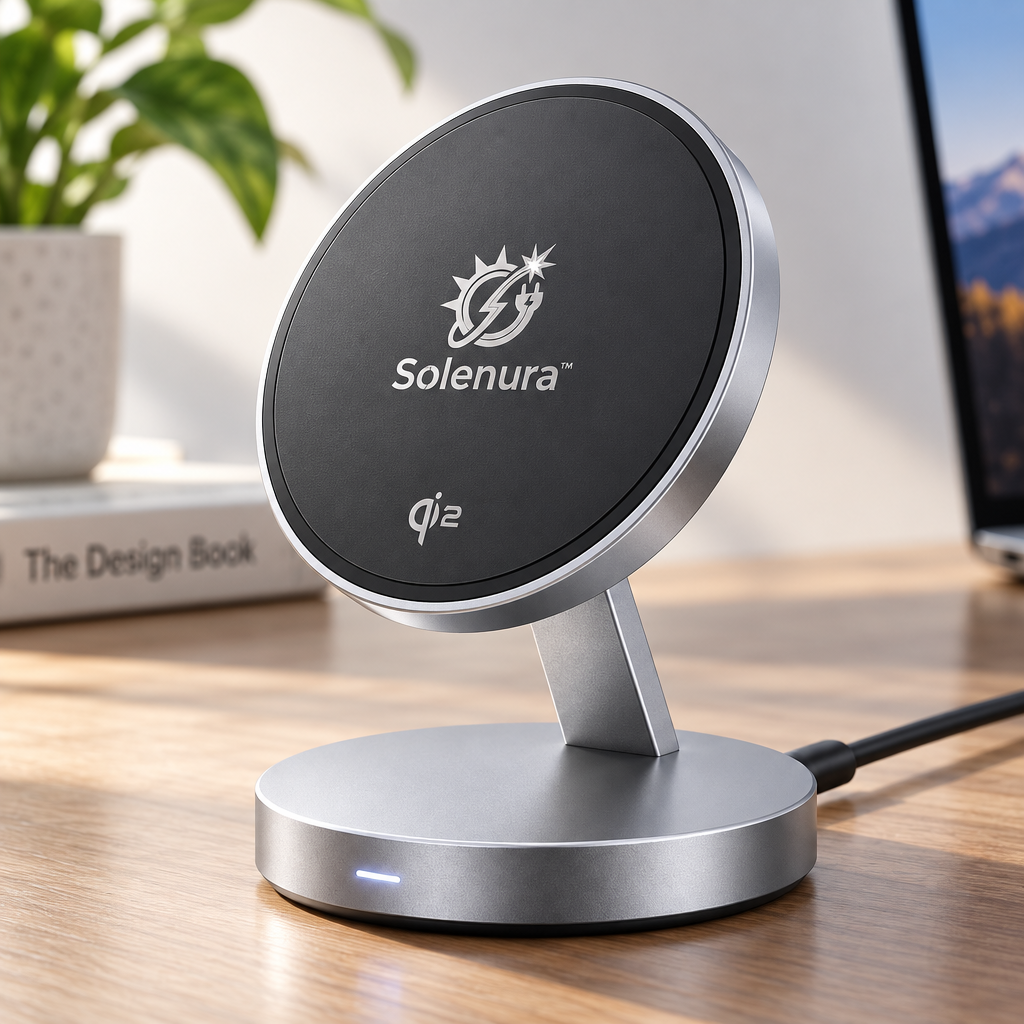 Solenura™ Magnetic Wireless Charging Stand – Qi2 Fast Charging, Strong Magnetic Alignment, Adjustable Viewing Angle, Premium Desktop Charging Dock