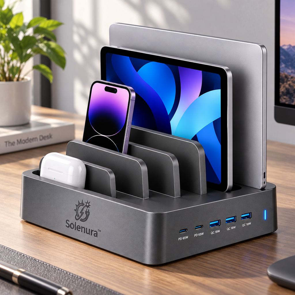 Solenura™ 5-Port Desktop Charging Station & Multi-Device Organizer – 2 USB-C PD 65W + 3 USB-A QC 18W Charging Dock for Laptops, Tablets, Phones & Everyday Tech