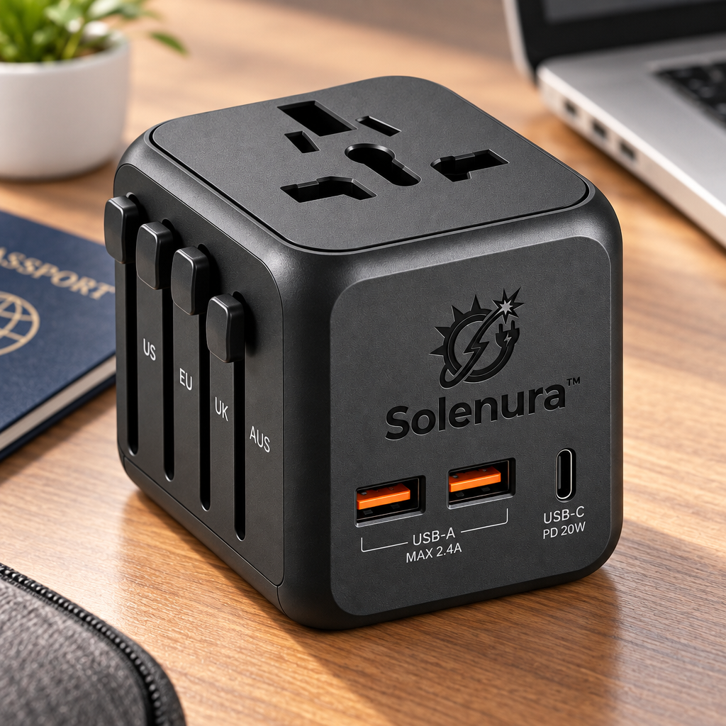 Solenura™ Universal Travel Adapter with 20W USB-C PD – 4-Region International Plug Adapter with 2 USB-A Ports for US, EU, UK & Australia Travel