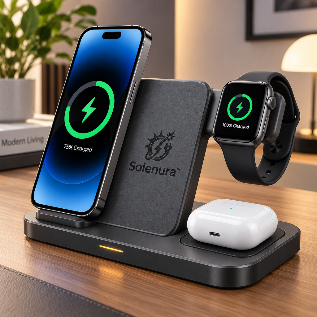 Solenura™ 3-in-1 Wireless Charging Station – Adjustable Multi-Device Charging Stand for Phone, Smartwatch & Wireless Earbuds, Modern Desktop and Nightstand Charger