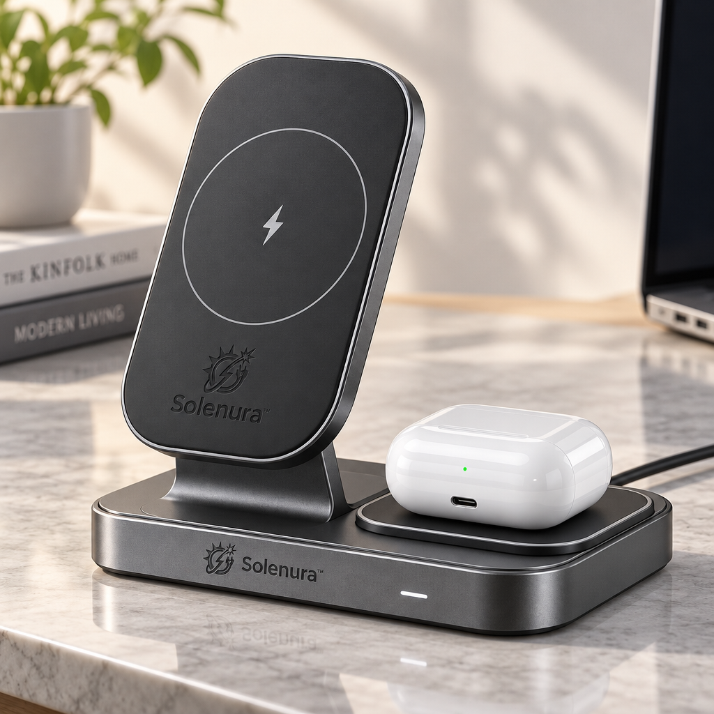 Solenura™ 15W 2-in-1 Adjustable Wireless Charging Stand – Phone & Earbuds Charging Station with 0°–70° Viewing Angle for Desk, Nightstand & Home Office