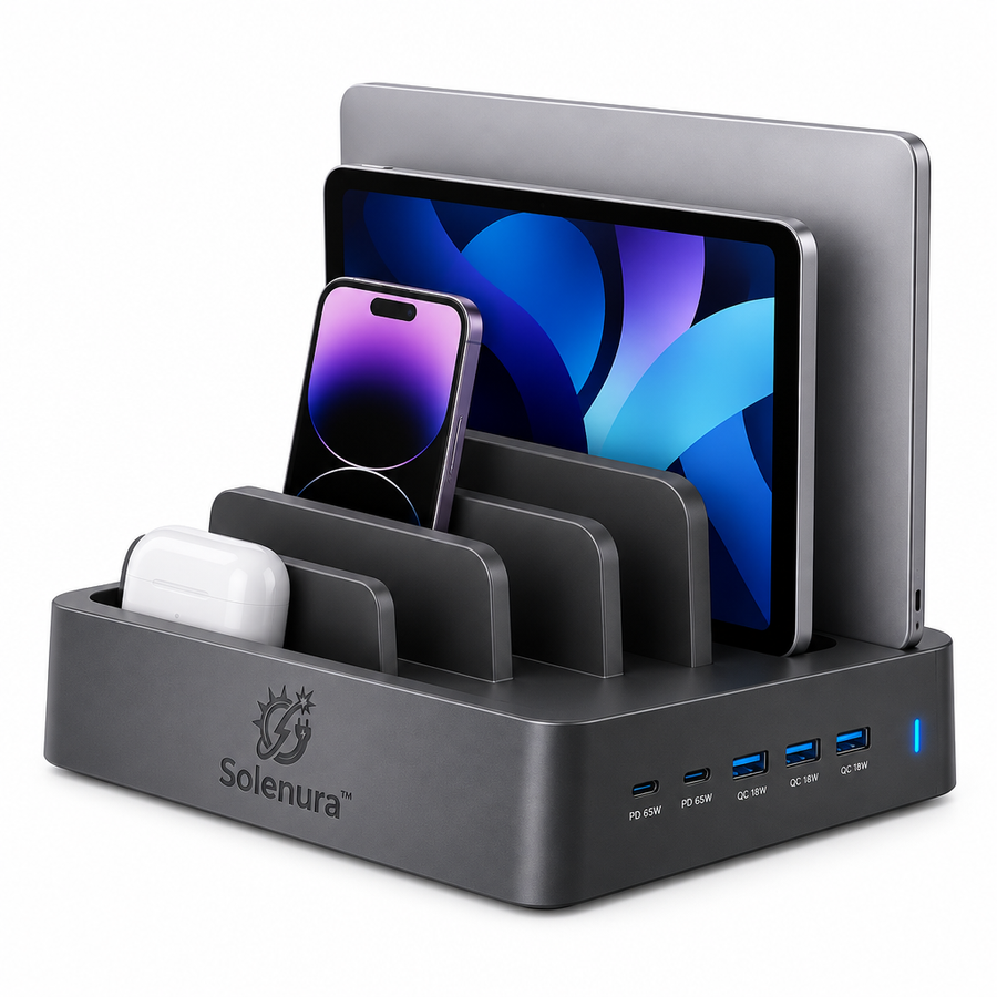 Solenura™ 5-Port Desktop Charging Station & Multi-Device Organizer – 2 USB-C PD 65W + 3 USB-A QC 18W Charging Dock for Laptops, Tablets, Phones & Everyday Tech