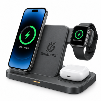 Solenura™ 3-in-1 Wireless Charging Station – Adjustable Multi-Device Charging Stand for Phone, Smartwatch & Wireless Earbuds, Modern Desktop and Nightstand Charger