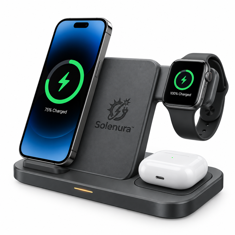 Solenura™ 3-in-1 Wireless Charging Station – Adjustable Multi-Device Charging Stand for Phone, Smartwatch & Wireless Earbuds, Modern Desktop and Nightstand Charger