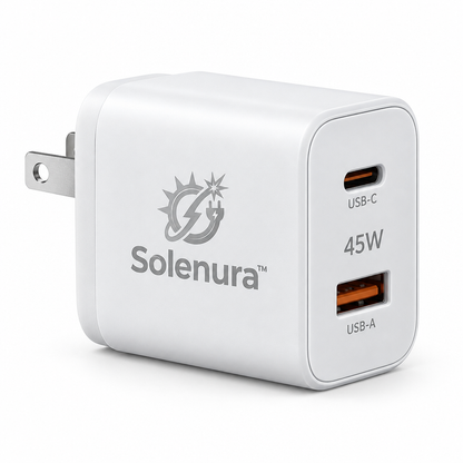 Solenura™ 45W Dual-Port Fast Wall Charger – USB-C + USB-A Compact Power Adapter for Phones, Tablets, Earbuds & Everyday Devices