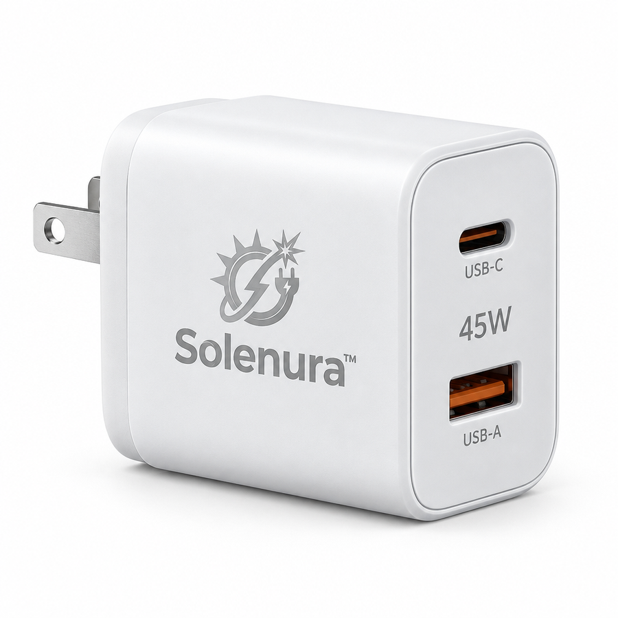 Solenura™ 45W Dual-Port Fast Wall Charger – USB-C + USB-A Compact Power Adapter for Phones, Tablets, Earbuds & Everyday Devices