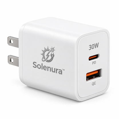 Solenura™ 30W Dual-Port USB-C & USB-A Wall Charger – PD Fast Charging Power Adapter with QC Compatibility for Phones, Tablets, Earbuds & Everyday Devices