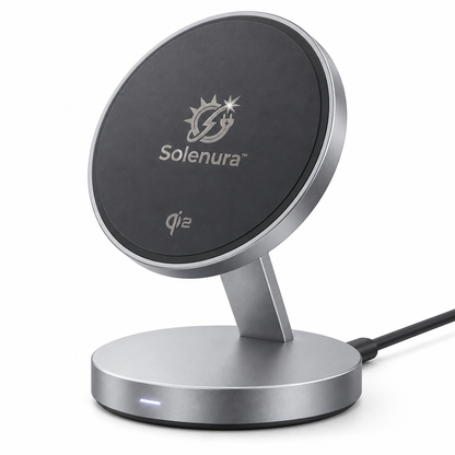 Solenura™ Magnetic Wireless Charging Stand – Qi2 Fast Charging, Strong Magnetic Alignment, Adjustable Viewing Angle, Premium Desktop Charging Dock