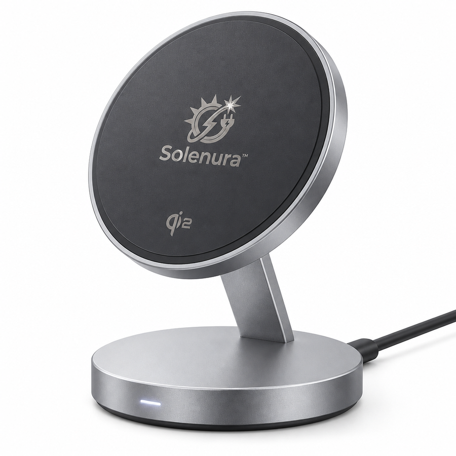 Solenura™ Magnetic Wireless Charging Stand – Qi2 Fast Charging, Strong Magnetic Alignment, Adjustable Viewing Angle, Premium Desktop Charging Dock