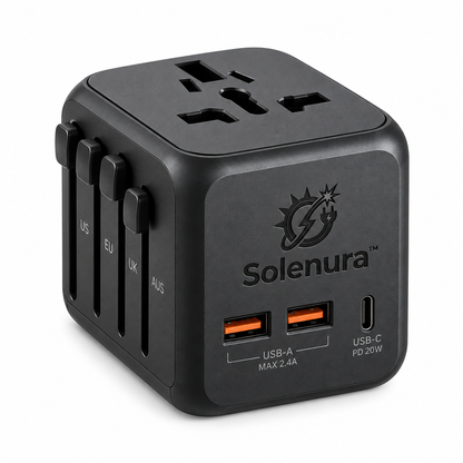 Solenura™ Universal Travel Adapter with 20W USB-C PD – 4-Region International Plug Adapter with 2 USB-A Ports for US, EU, UK & Australia Travel