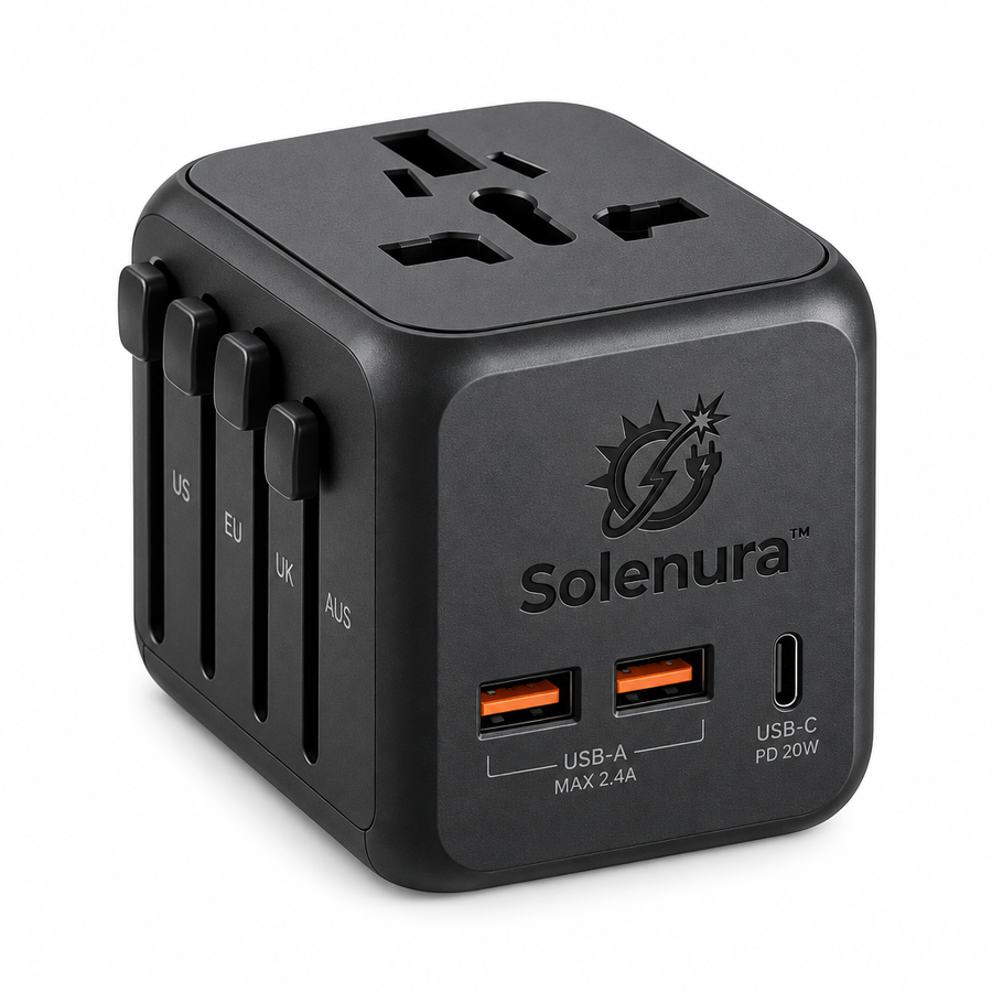 Solenura™ Universal Travel Adapter with 20W USB-C PD – 4-Region International Plug Adapter with 2 USB-A Ports for US, EU, UK & Australia Travel