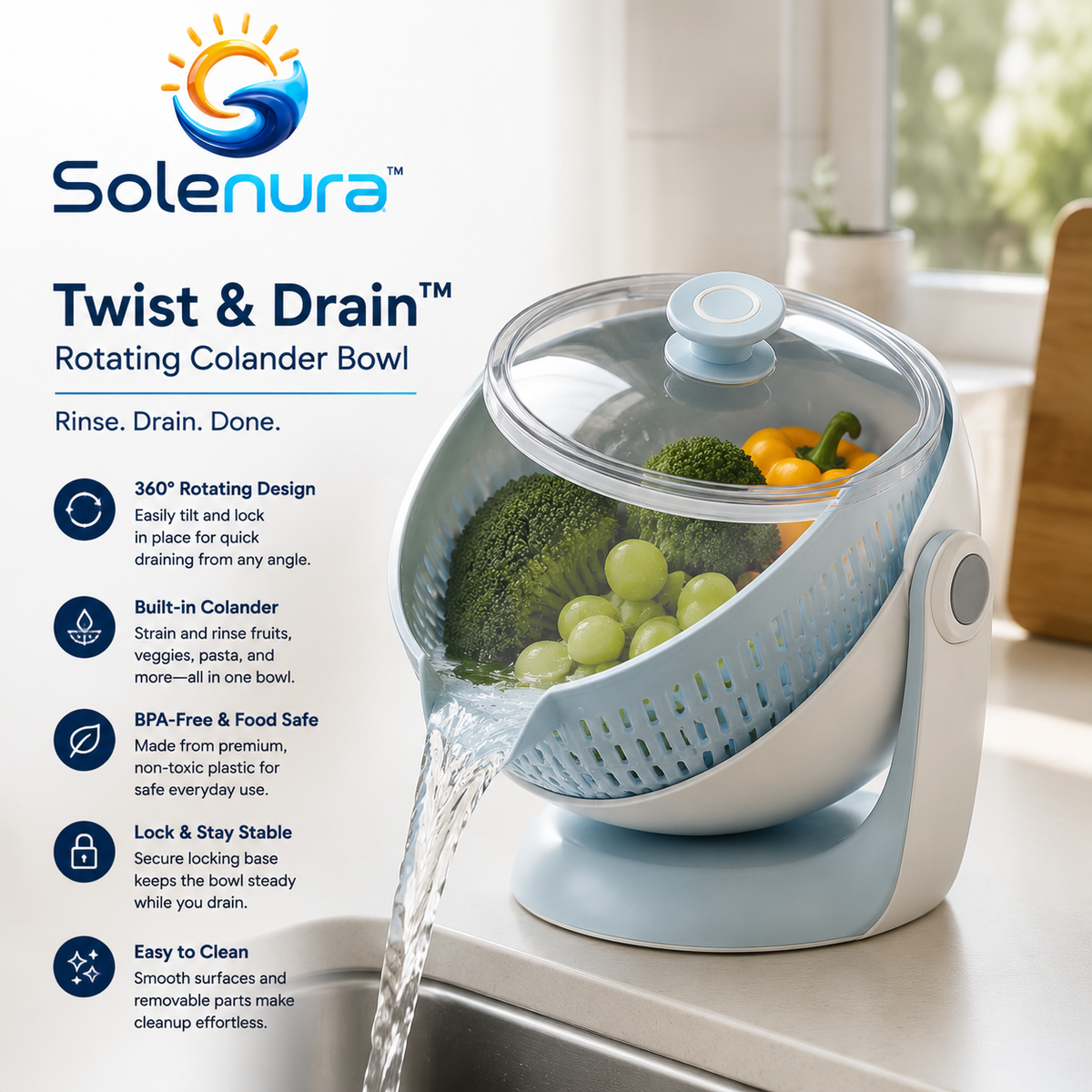 Solenura™ Twist & Drain Rotating Colander Bowl