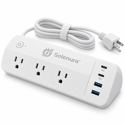 Solenura™ 65W USB-C Desktop Power Strip – 3 AC Outlets, 2 USB-C PD & 2 USB-A Ports with Power Switch for Home, Office, Dorm & Travel