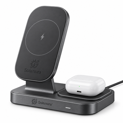 Solenura™ 15W 2-in-1 Adjustable Wireless Charging Stand – Phone & Earbuds Charging Station with 0°–70° Viewing Angle for Desk, Nightstand & Home Office
