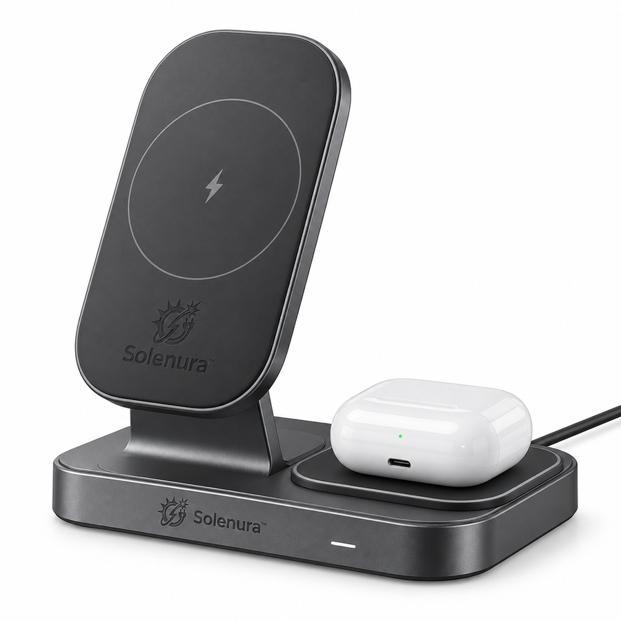 Solenura™ 15W 2-in-1 Adjustable Wireless Charging Stand – Phone & Earbuds Charging Station with 0°–70° Viewing Angle for Desk, Nightstand & Home Office
