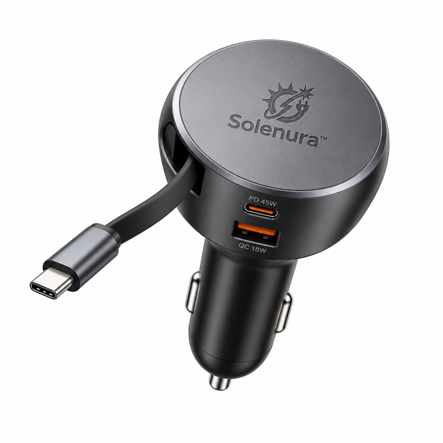 Solenura™ 45W Retractable USB-C Car Charger – PD Fast Charging + 18W QC Dual-Port Vehicle Charger, Compact 12V–24V Power Adapter for Phones & Tablets