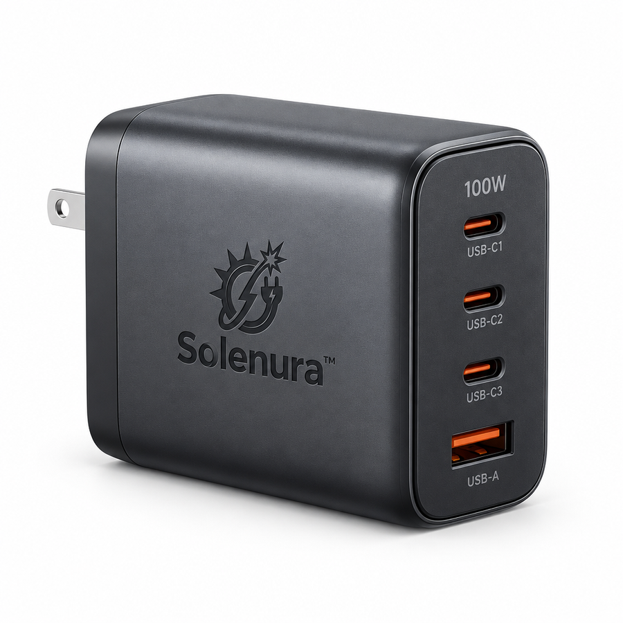 Solenura™ 100W 4-Port USB-C Wall Charger – 3 USB-C + 1 USB-A High-Power Multi-Device Charger with Foldable Plug for Laptops, Tablets, Phones & Everyday Tech
