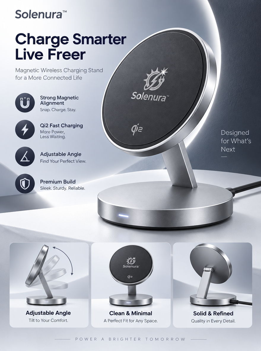 Solenura™ Magnetic Wireless Charging Stand – Qi2 Fast Charging, Strong Magnetic Alignment, Adjustable Viewing Angle, Premium Desktop Charging Dock