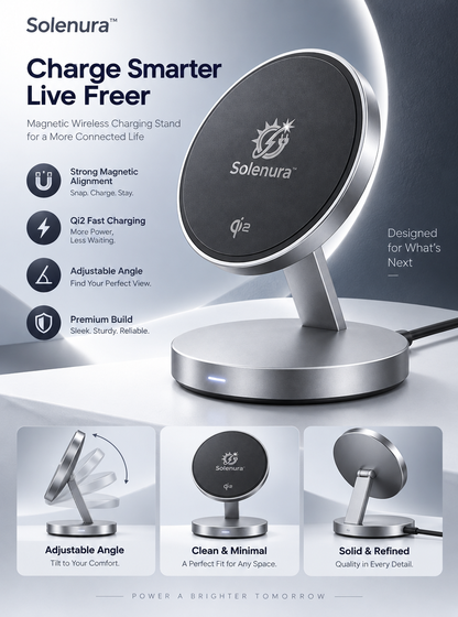 Solenura™ Magnetic Wireless Charging Stand – Qi2 Fast Charging, Strong Magnetic Alignment, Adjustable Viewing Angle, Premium Desktop Charging Dock
