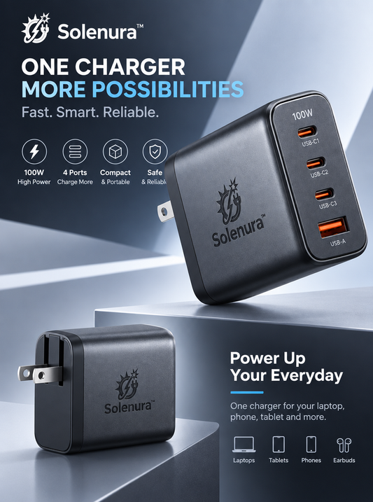 Solenura™ 100W 4-Port USB-C Wall Charger – 3 USB-C + 1 USB-A High-Power Multi-Device Charger with Foldable Plug for Laptops, Tablets, Phones & Everyday Tech