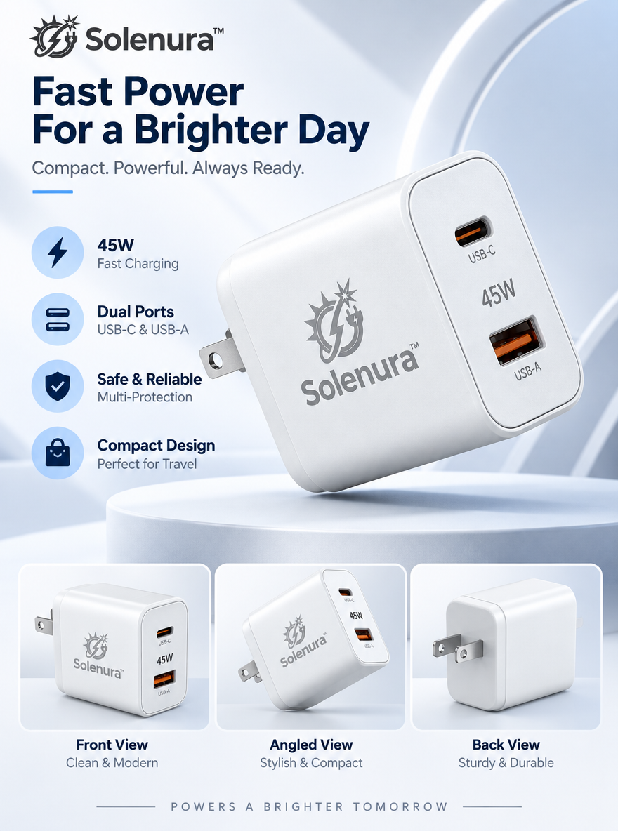 Solenura™ 45W Dual-Port Fast Wall Charger – USB-C + USB-A Compact Power Adapter for Phones, Tablets, Earbuds & Everyday Devices