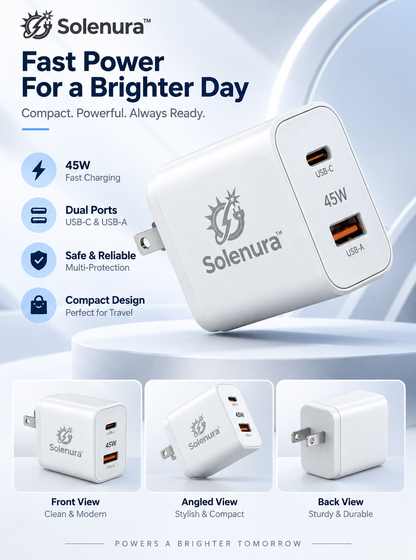 Solenura™ 45W Dual-Port Fast Wall Charger – USB-C + USB-A Compact Power Adapter for Phones, Tablets, Earbuds & Everyday Devices