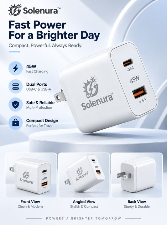 Solenura™ 45W Dual-Port Fast Wall Charger – USB-C + USB-A Compact Power Adapter for Phones, Tablets, Earbuds & Everyday Devices