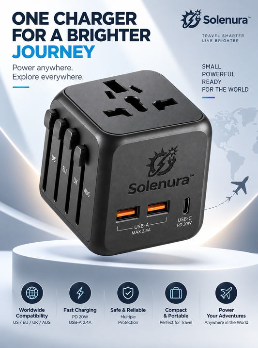 Solenura™ Universal Travel Adapter with 20W USB-C PD – 4-Region International Plug Adapter with 2 USB-A Ports for US, EU, UK & Australia Travel