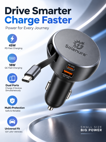 Solenura™ 45W Retractable USB-C Car Charger – PD Fast Charging + 18W QC Dual-Port Vehicle Charger, Compact 12V–24V Power Adapter for Phones & Tablets