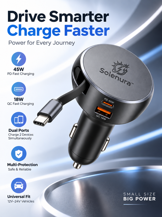Solenura™ 45W Retractable USB-C Car Charger – PD Fast Charging + 18W QC Dual-Port Vehicle Charger, Compact 12V–24V Power Adapter for Phones & Tablets