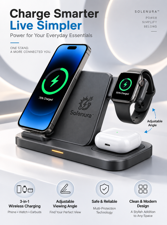 Solenura™ 3-in-1 Wireless Charging Station – Adjustable Multi-Device Charging Stand for Phone, Smartwatch & Wireless Earbuds, Modern Desktop and Nightstand Charger