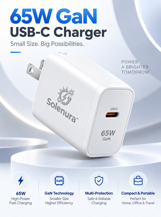 Solenura™ 65W GaN USB-C Wall Charger – Compact High-Power Fast Charger for Compatible Laptops, Tablets & Smartphones