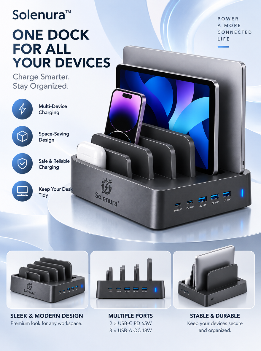 Solenura™ 5-Port Desktop Charging Station & Multi-Device Organizer – 2 USB-C PD 65W + 3 USB-A QC 18W Charging Dock for Laptops, Tablets, Phones & Everyday Tech