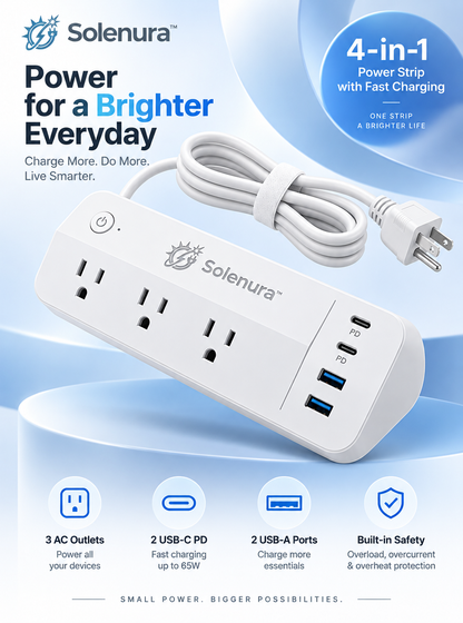 Solenura™ 65W USB-C Desktop Power Strip – 3 AC Outlets, 2 USB-C PD & 2 USB-A Ports with Power Switch for Home, Office, Dorm & Travel