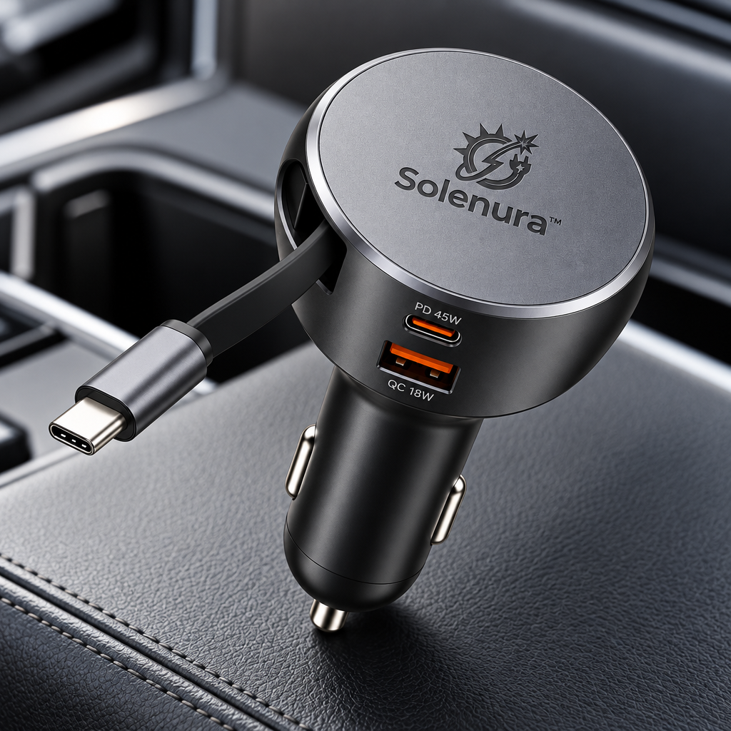 Solenura™ 45W Retractable USB-C Car Charger – PD Fast Charging + 18W QC Dual-Port Vehicle Charger, Compact 12V–24V Power Adapter for Phones & Tablets
