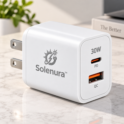 Solenura™ 30W Dual-Port USB-C & USB-A Wall Charger – PD Fast Charging Power Adapter with QC Compatibility for Phones, Tablets, Earbuds & Everyday Devices