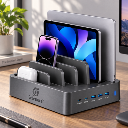 Solenura™ 5-Port Desktop Charging Station & Multi-Device Organizer – 2 USB-C PD 65W + 3 USB-A QC 18W Charging Dock for Laptops, Tablets, Phones & Everyday Tech