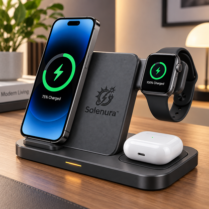 Solenura™ 3-in-1 Wireless Charging Station – Adjustable Multi-Device Charging Stand for Phone, Smartwatch & Wireless Earbuds, Modern Desktop and Nightstand Charger