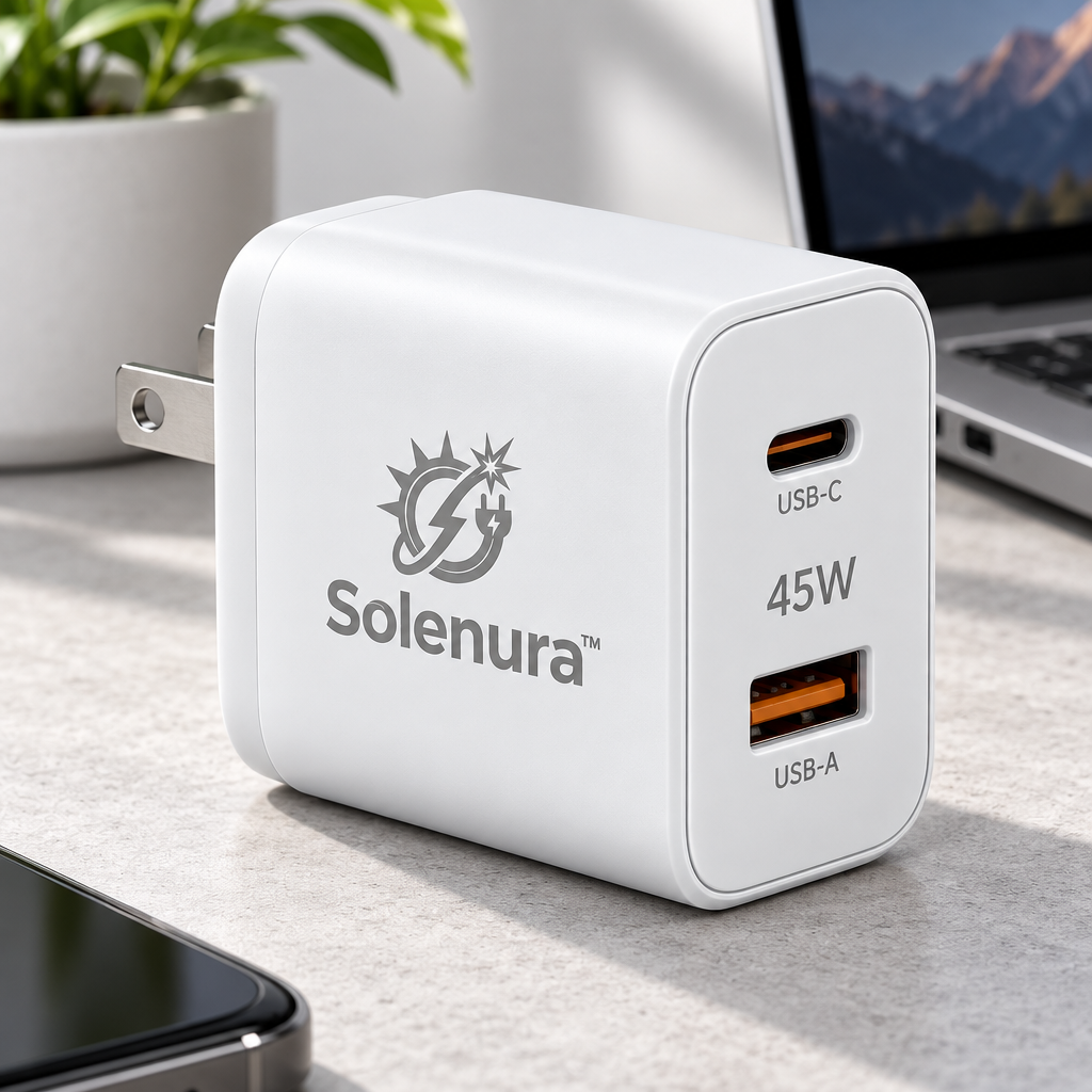Solenura™ 45W Dual-Port Fast Wall Charger – USB-C + USB-A Compact Power Adapter for Phones, Tablets, Earbuds & Everyday Devices