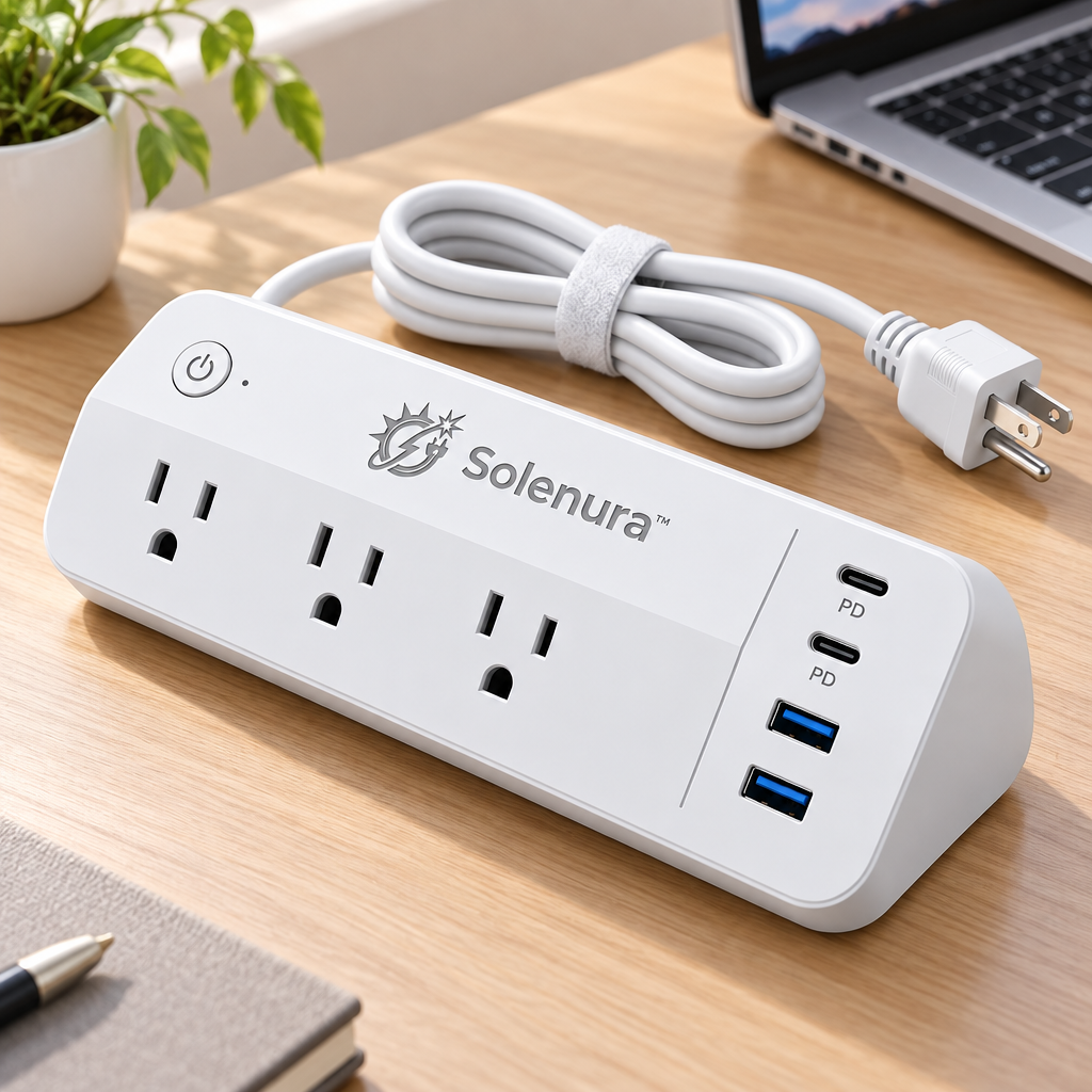 Solenura™ 65W USB-C Desktop Power Strip – 3 AC Outlets, 2 USB-C PD & 2 USB-A Ports with Power Switch for Home, Office, Dorm & Travel