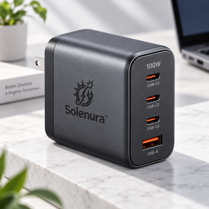 Solenura™ 100W 4-Port USB-C Wall Charger – 3 USB-C + 1 USB-A High-Power Multi-Device Charger with Foldable Plug for Laptops, Tablets, Phones & Everyday Tech